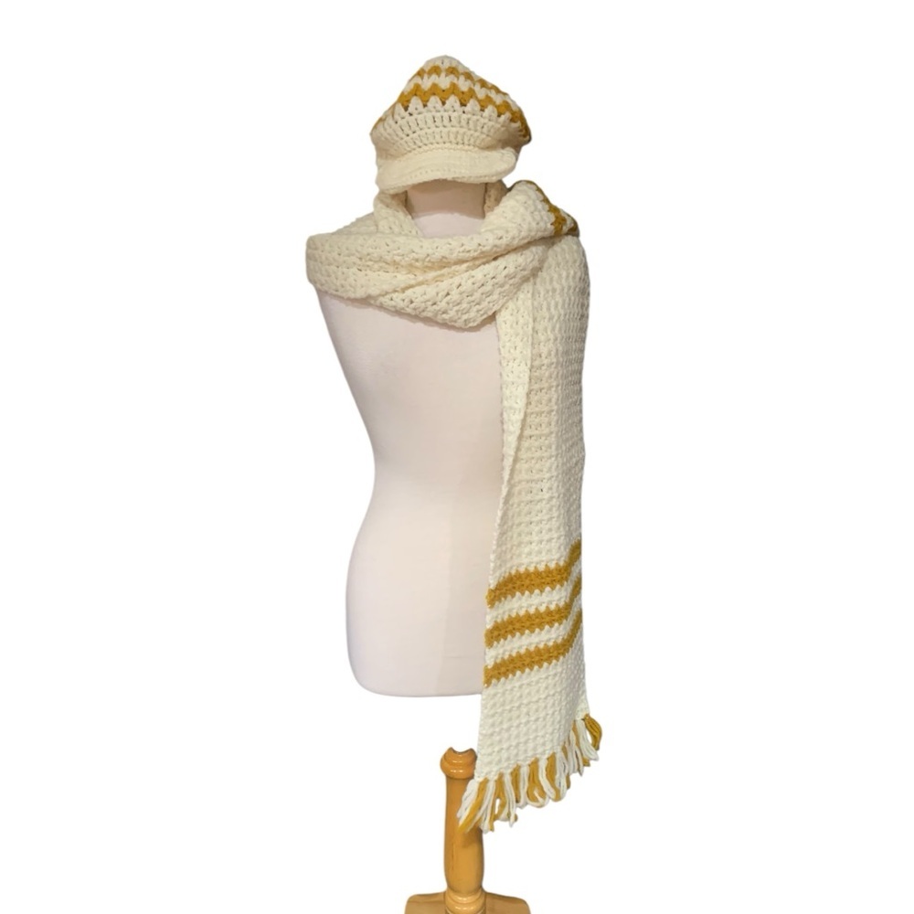 Vintage Cream and Gold Knit Scarf and Hat Set